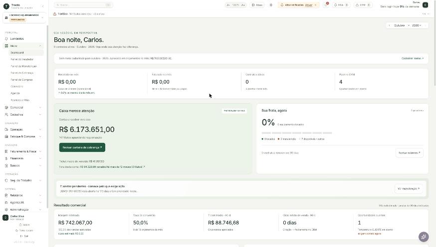Tela real do dashboard Tracto, com posição de caixa, frota e resultado comercial